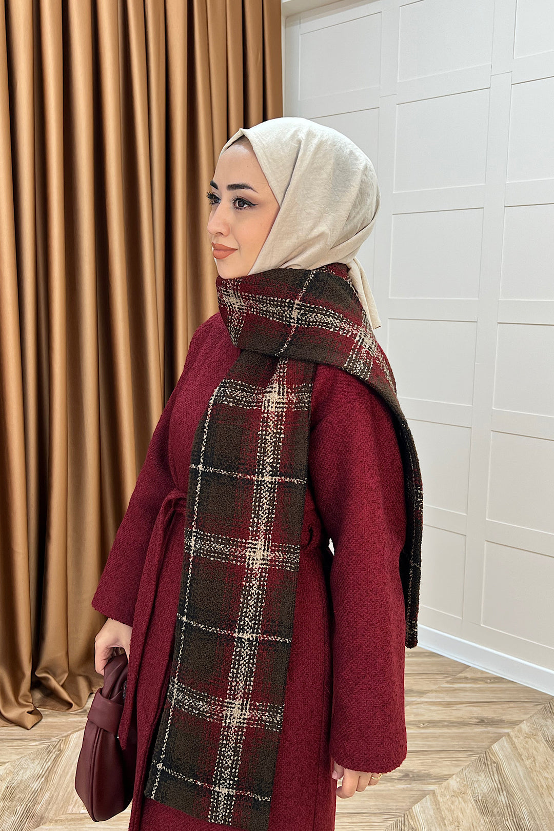 Duru Premium Kumaş Atkı Detay Kaban Bordo 5517-BORDO