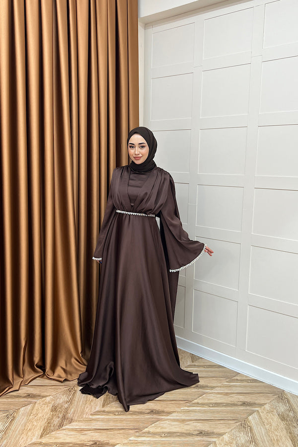 Elite İnci Detay Abiye Kahverengi 3098-KAHVERENGI