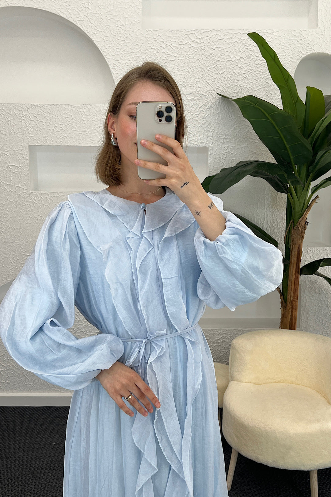 Edil Fırfır Detay Elbise Mavi 3366-MAVI