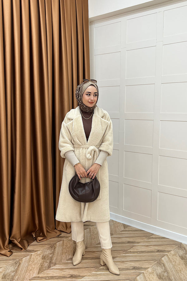 Angora Premium Kumaş Kaban Krem 5519-KREM