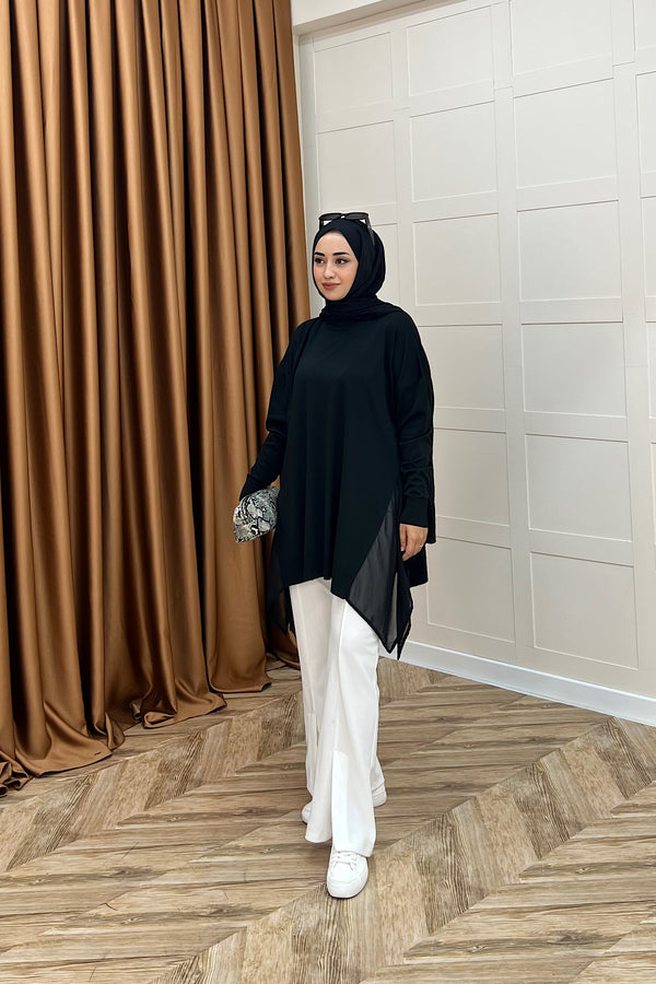 Hüda Şifon Detaylı Triko Tunik Siyah 24290-SIYAH