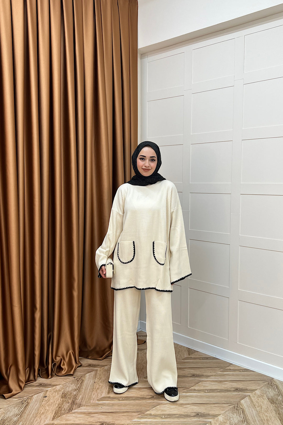 Cep Örgülü Triko Takım Krem 24200-KREM