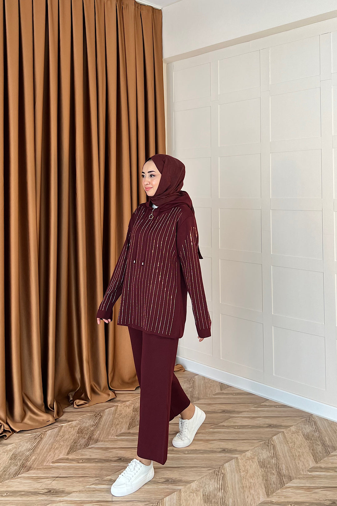 Eros Kapüşonlu Taşlı Triko Takım Bordo 25340-BORDO