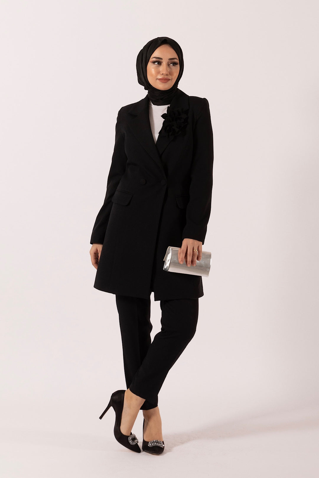 Çiçek Broşlu Ceket Takım Siyah 6150-SIYAH