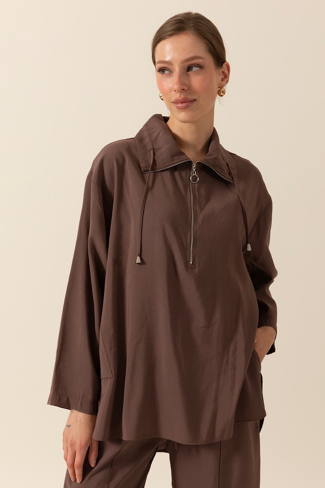 Yarım Fermuar Detay Ikılı Takım Kahverengı 8370-KAHVERENGI