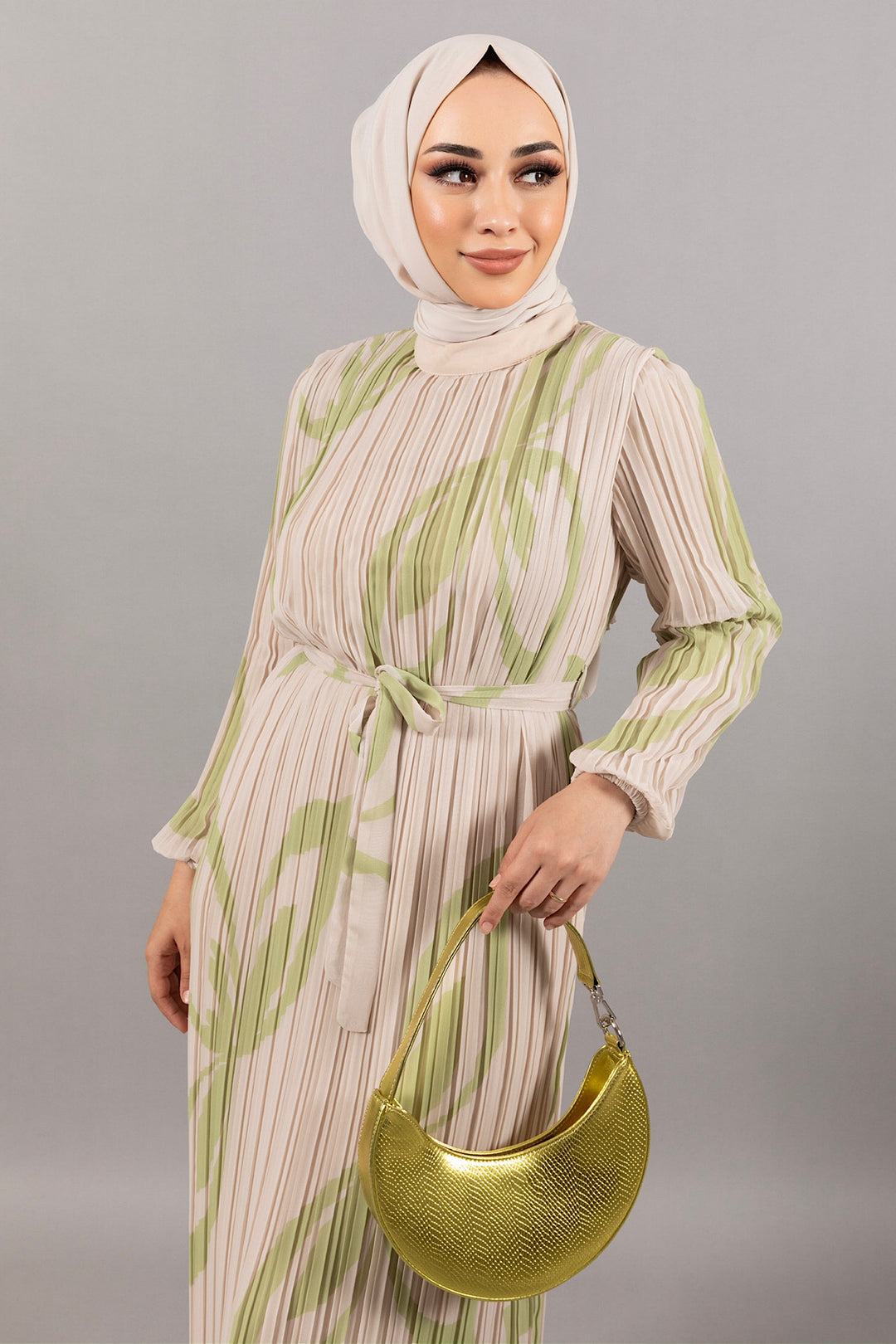 Lara Piliseli Şifon Elbise Yeşil 4963-YESIL