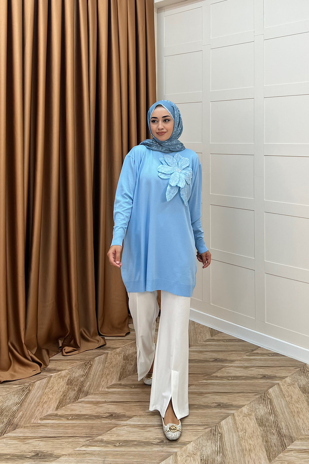 Merserize Çiçekli Triko Tunik Mavi 2550-MAVI