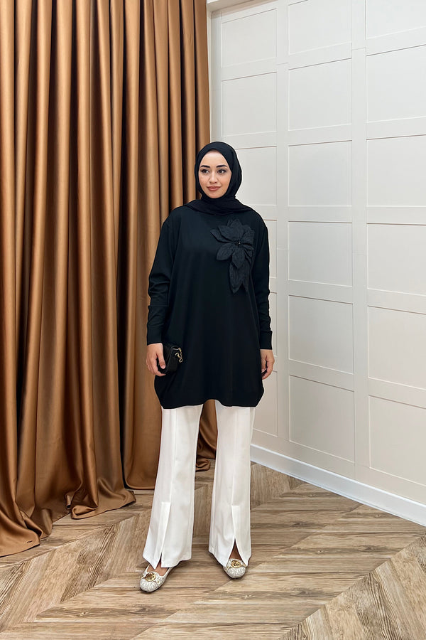 Merserize Çiçekli Triko Tunik Siyah 2550-SIYAH