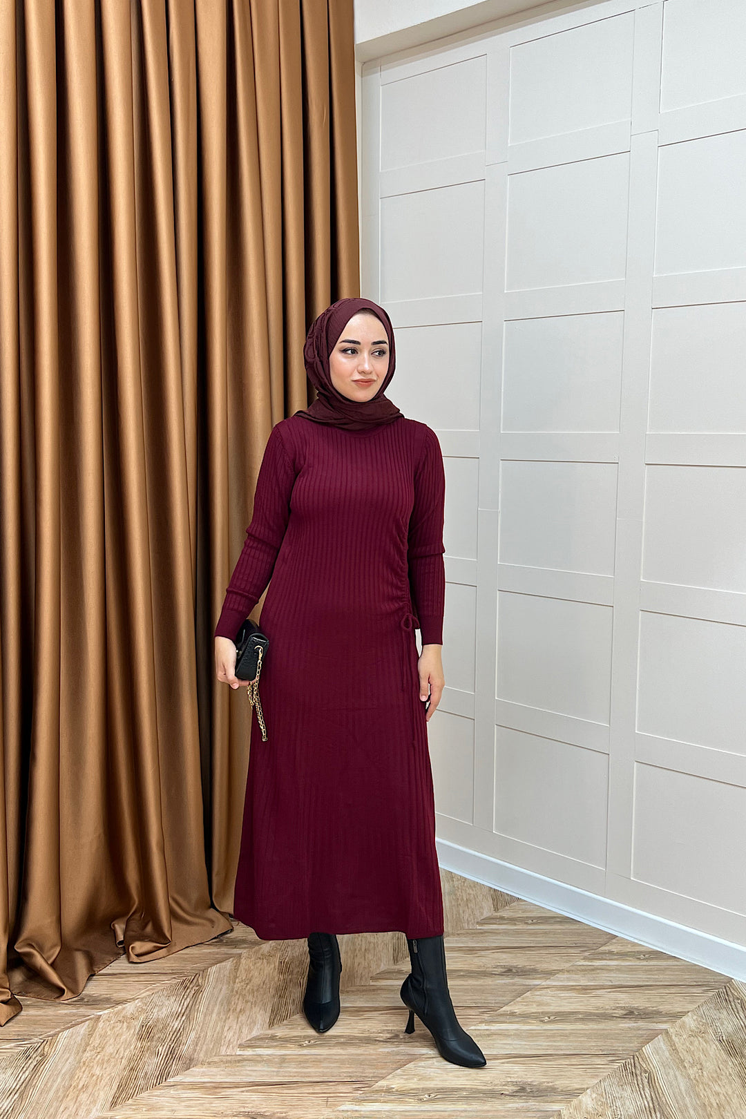 Yandan Büzgülü Triko Elbise Bordo 24870-BORDO