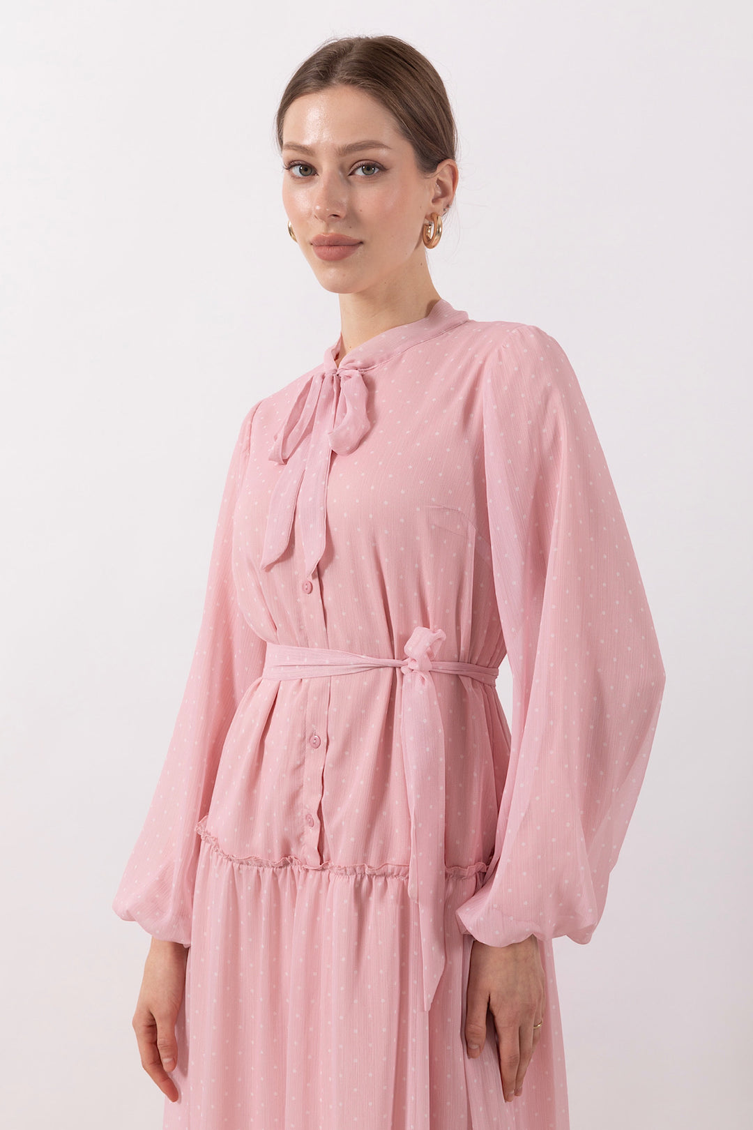Lena Puantiyeli Şifon Elbise Pembe 3036-PEMBE