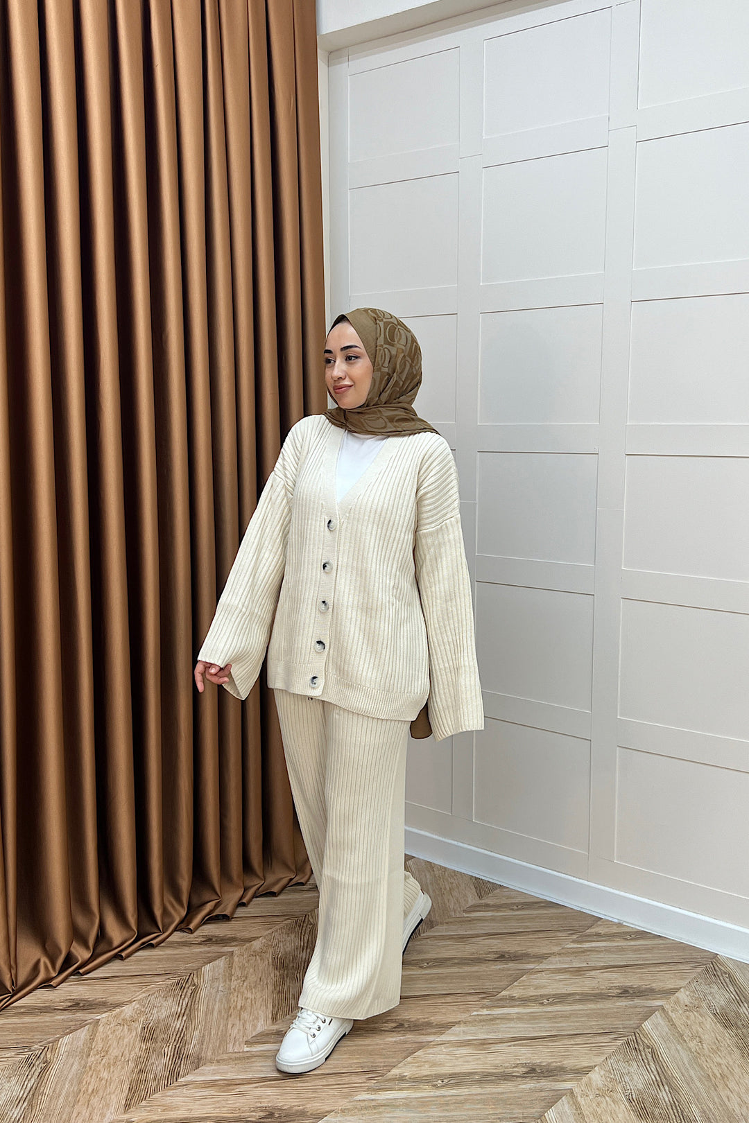 Galata Fitilli Triko Hırka Takım Krem 25630-KREM