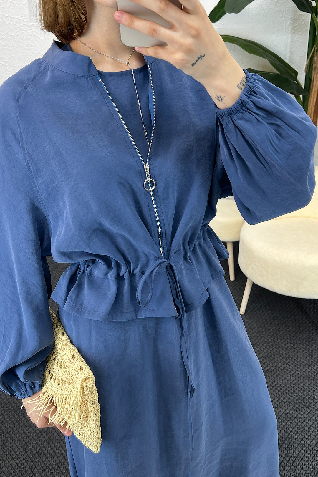 Belden Büzgülü Fermuar Detay Elbise İndigo 2889-INDIGO