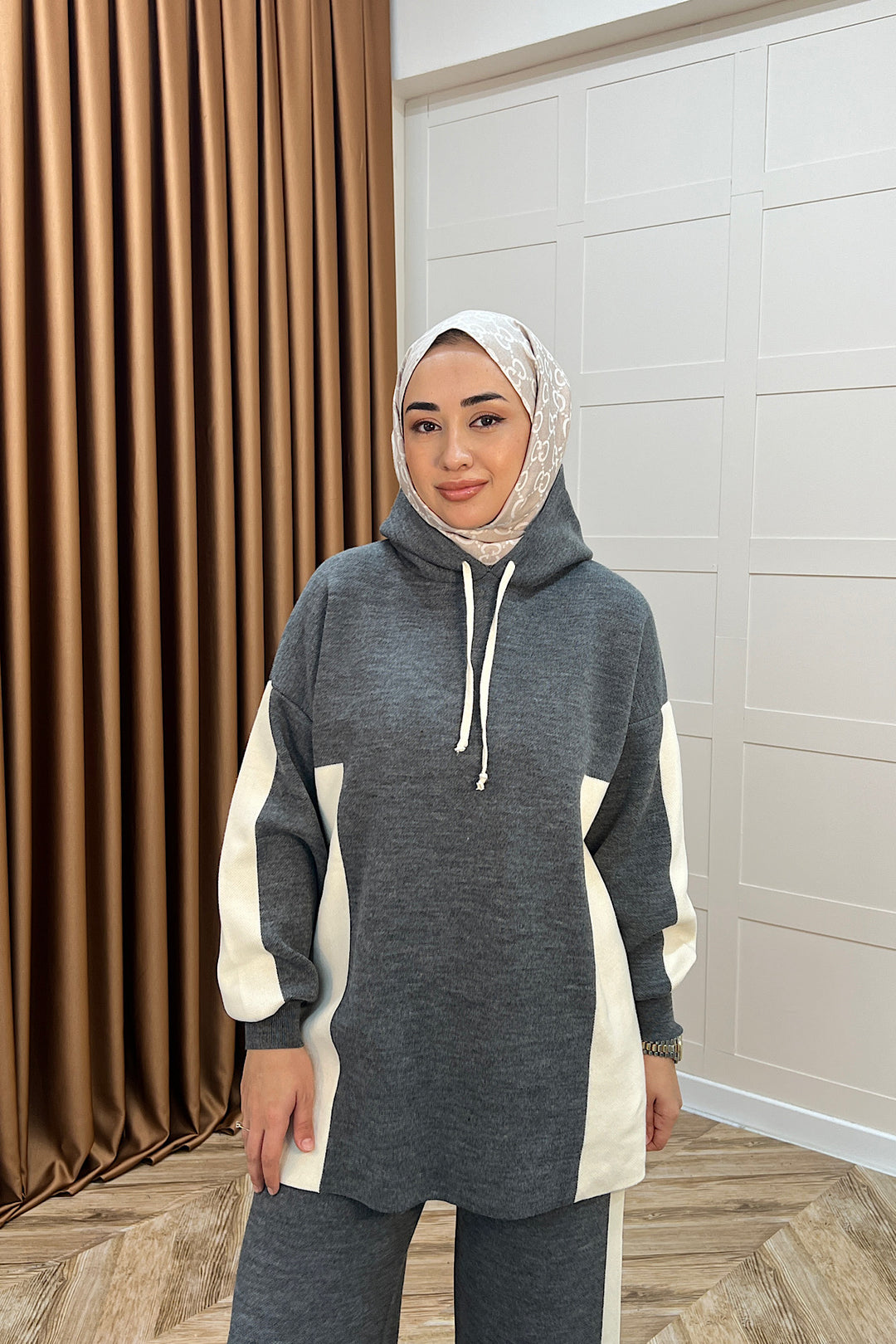 Lapis Çizgili Kapüşonlu Triko Takım Antrasit 241210-ANTRASIT