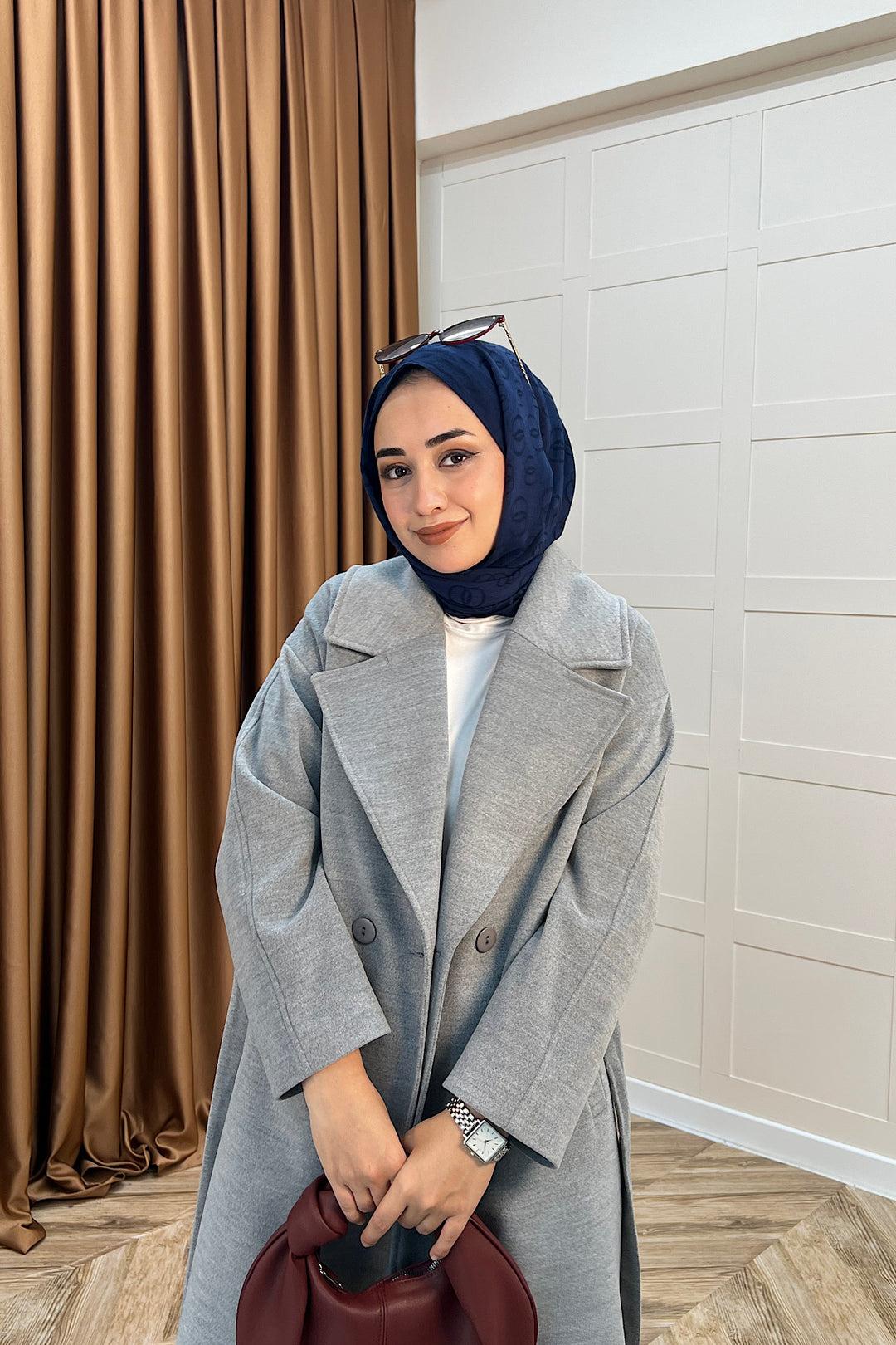 Retro Premium Kumaş Uzun Kaşe Kaban Gri 5509-GRI