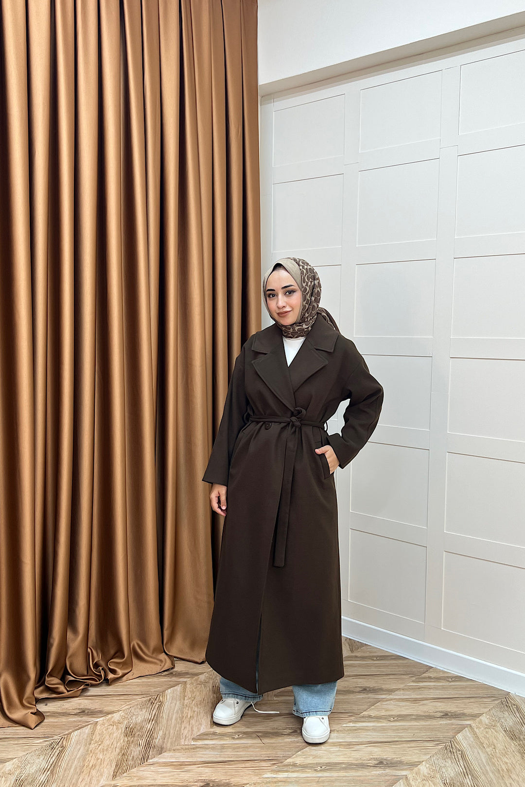 Retro Premium Kumaş Uzun Kaşe Kaban Kahverengi 5509-KAHVERENGI