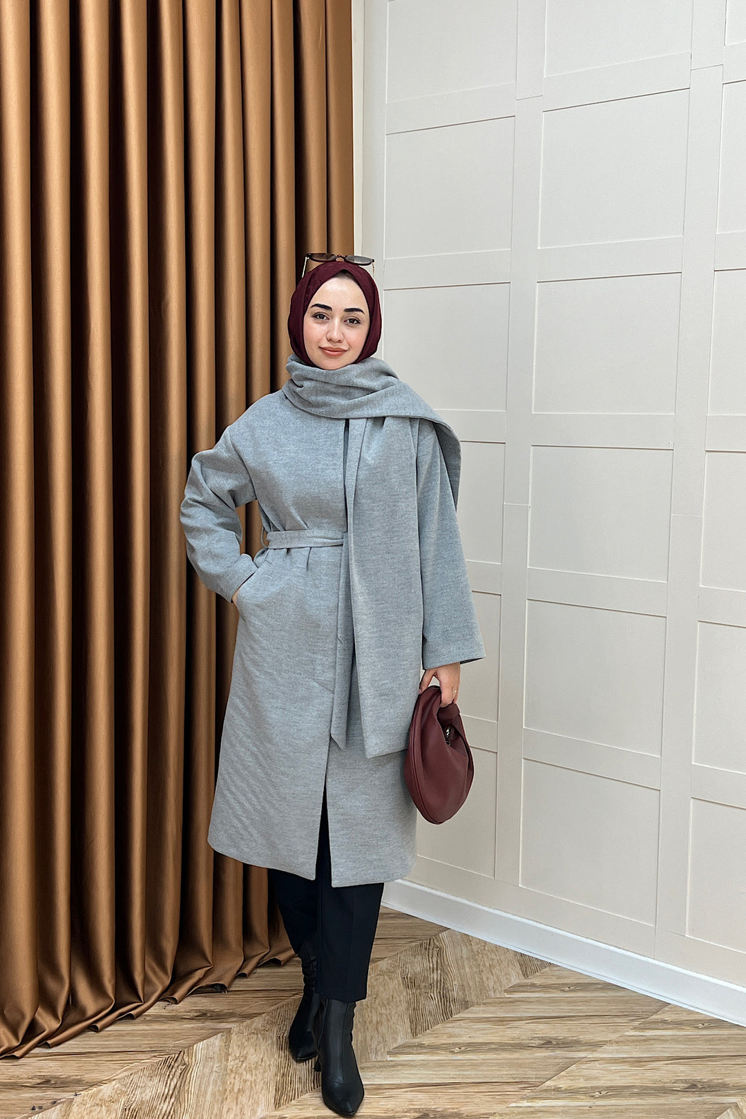 Siena Atkı Detay Kaşe Kaban Gri 5530-GRI