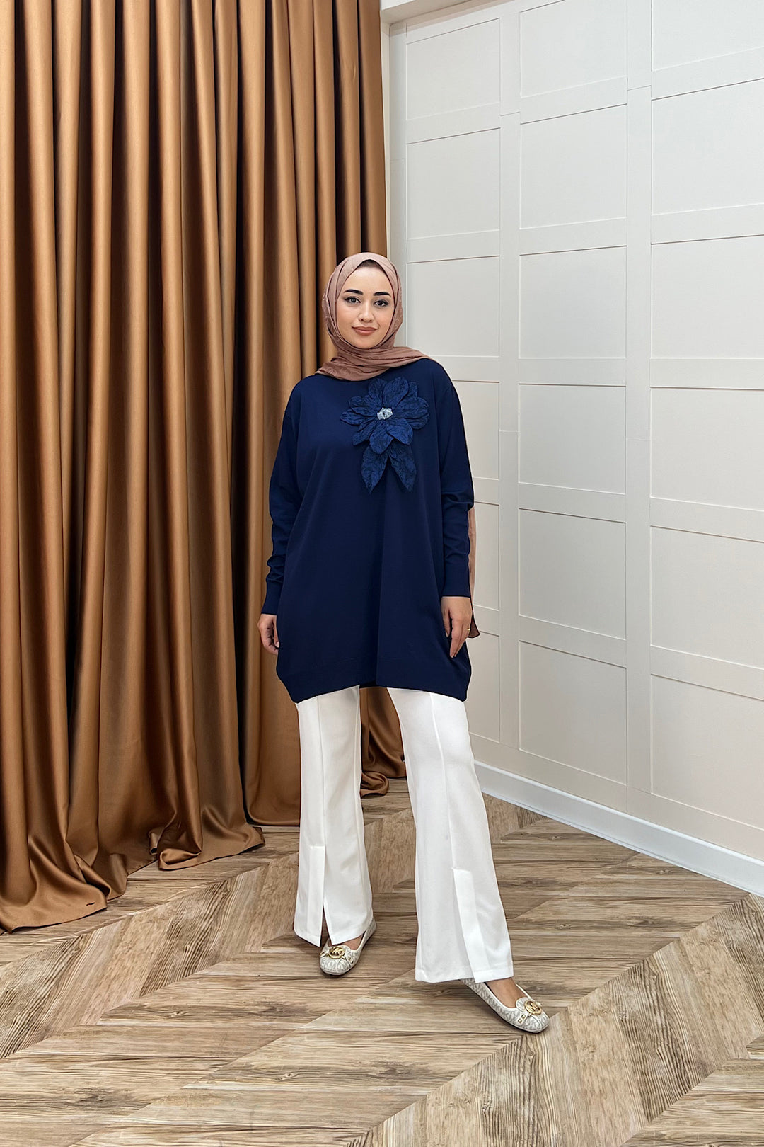 Merserize Çiçekli Triko Tunik Lacivert 2550-LACIVERT
