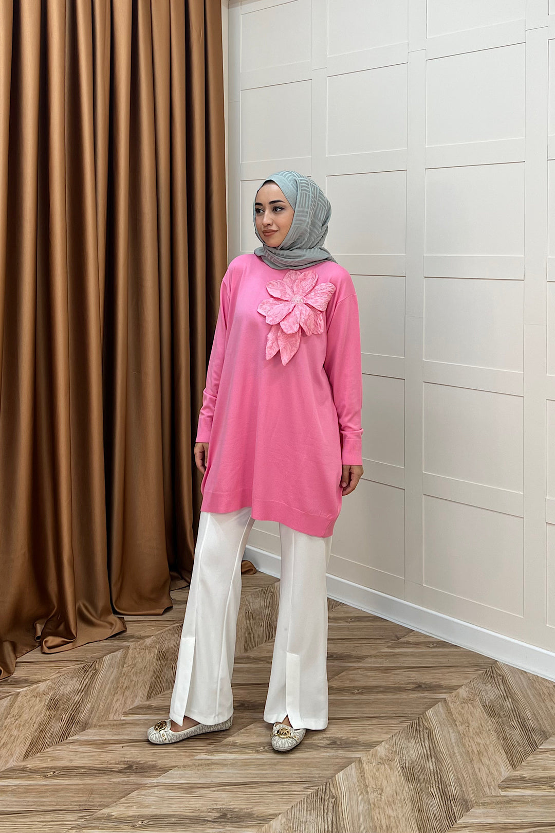 Merserize Çiçekli Triko Tunik Pembe 2550-PEMBE