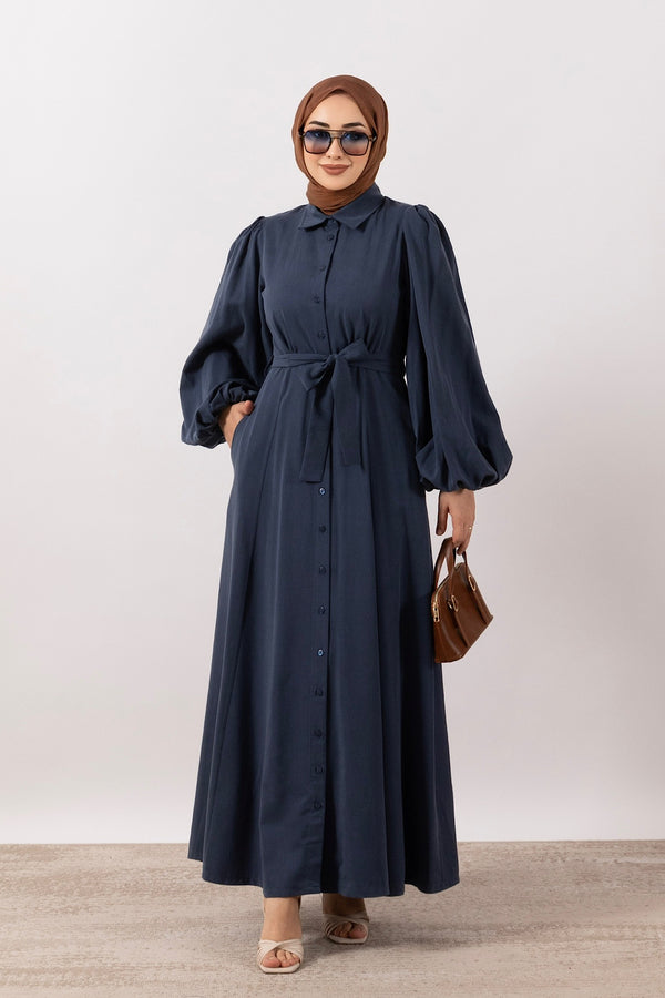 Boydan Düğmeli Keten Elbise Lacivert 3045-LACIVERT