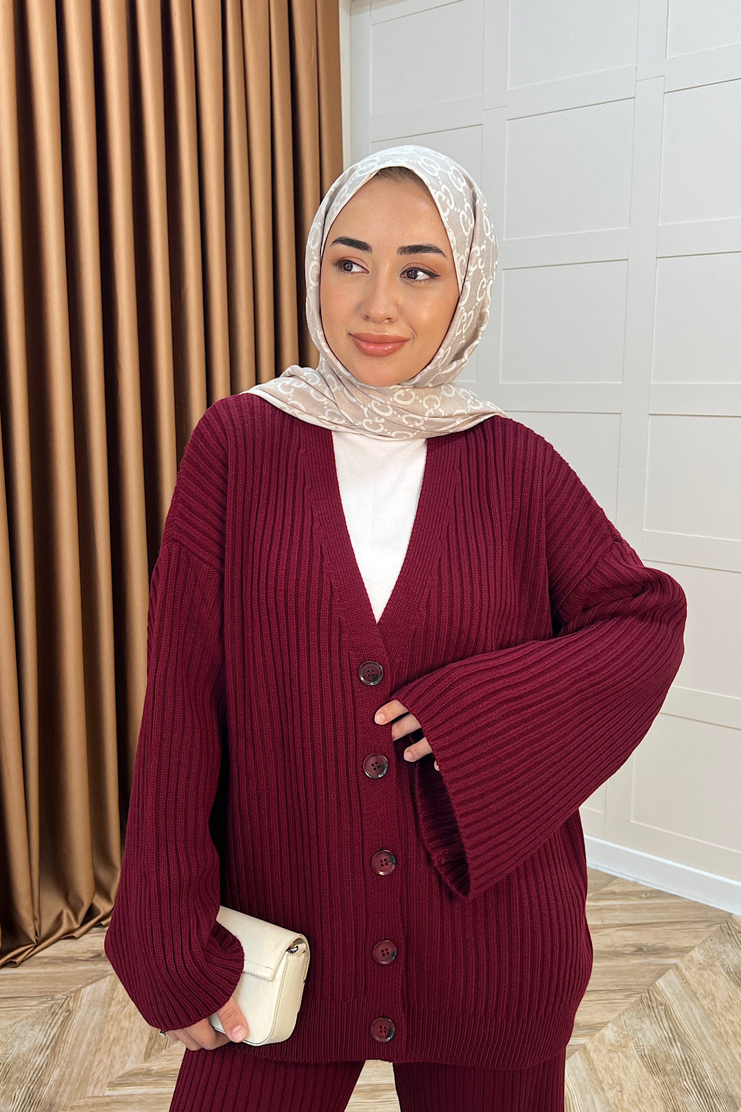 Galata Fitilli Triko Hırka Takım Bordo 25630-BORDO