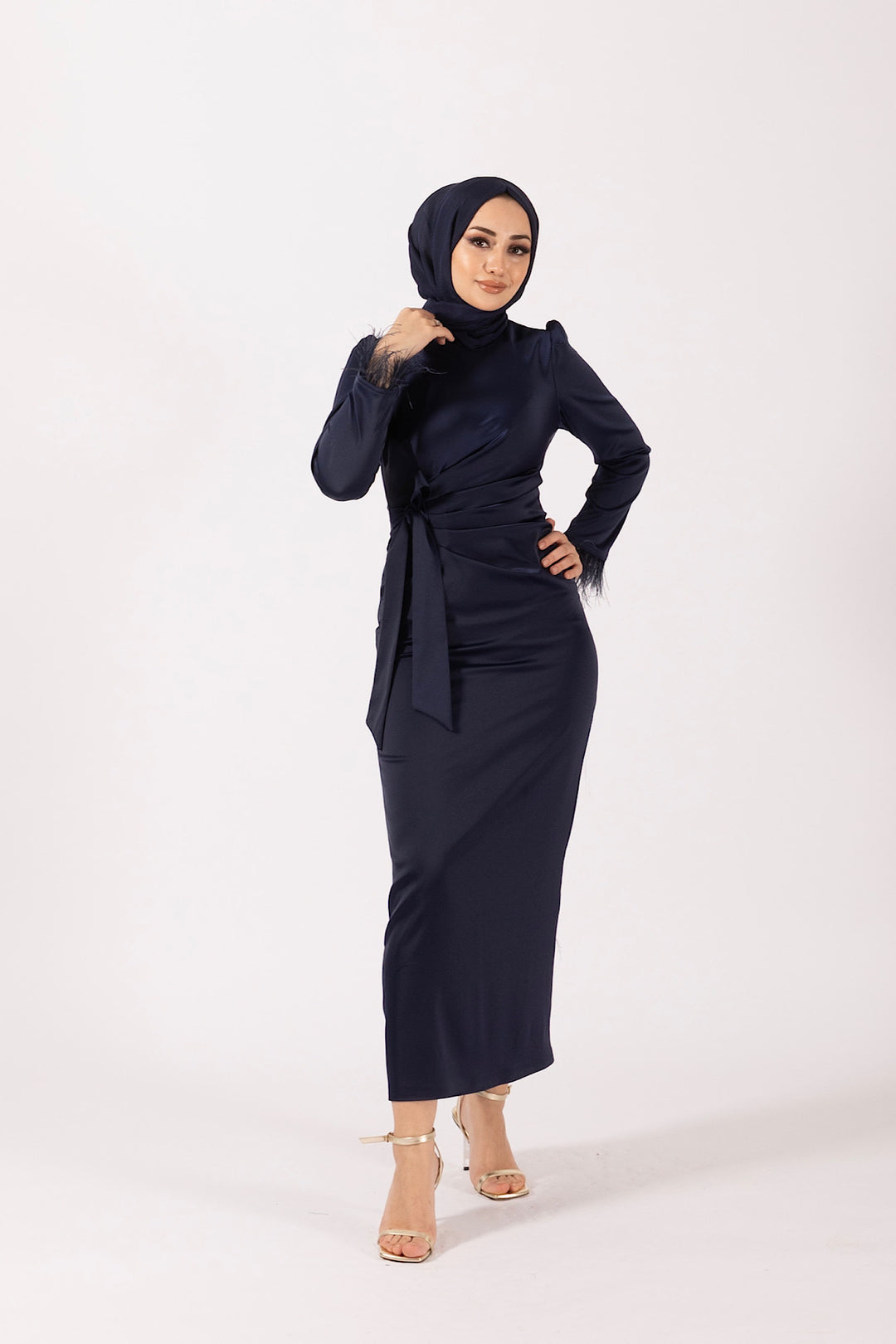 Kol Saçaklı Saten Abiye Lacivert 4897-LACIVERT