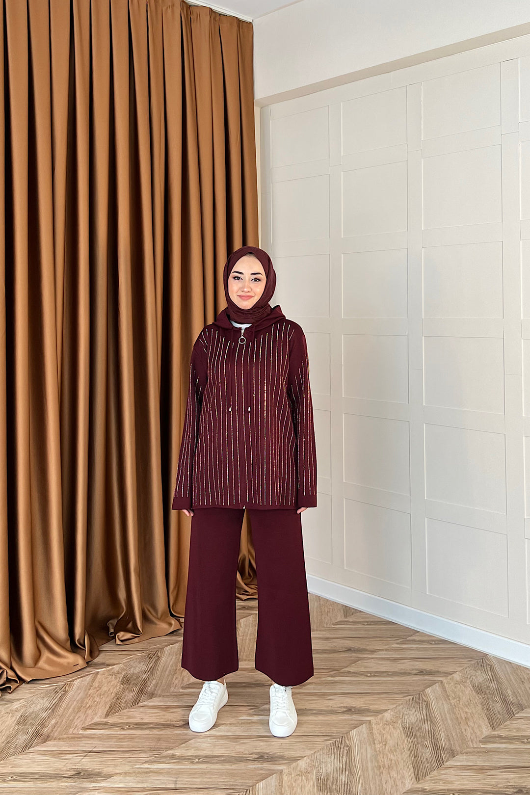 Eros Kapüşonlu Taşlı Triko Takım Bordo 25340-BORDO