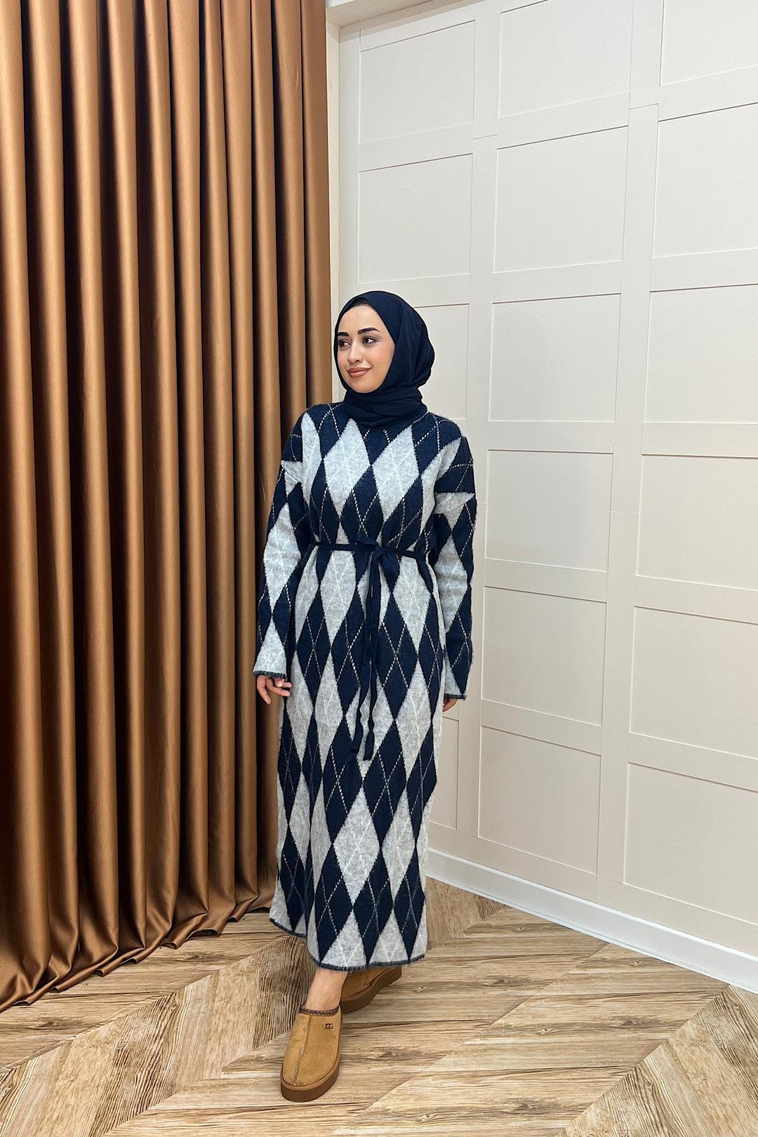 Baklava Desenli Triko Elbise Lacivert 241300-LACIVERT