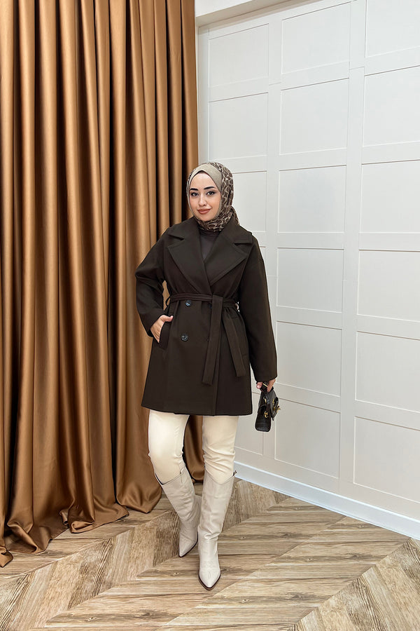 Nuve Premium Kuşaklı Kaban Kahverengi 5514-KAHVERENGI