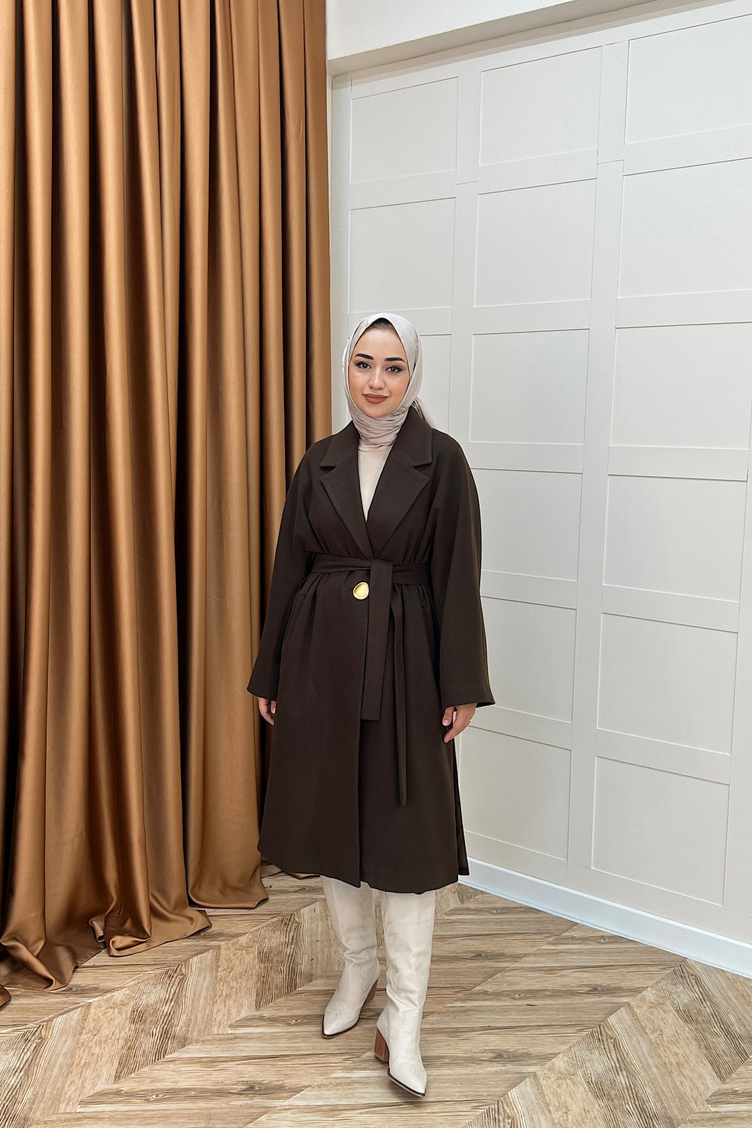 Yıldız Premium Kumaş Kuşaklı Kaban Kahverengi 5515-KAHVERENGI