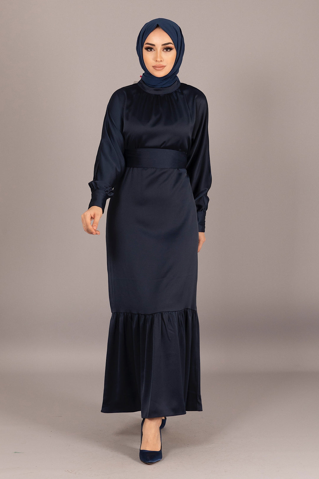 Etek Volan Saten Elbise Lacivert 4786-LACIVERT