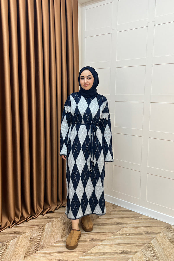 Baklava Desenli Triko Elbise Lacivert 241300-LACIVERT