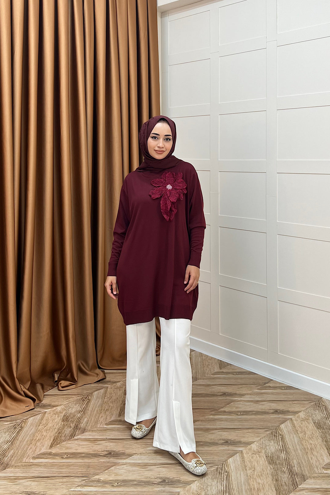 Merserize Çiçekli Triko Tunik Bordo 2550-BORDO