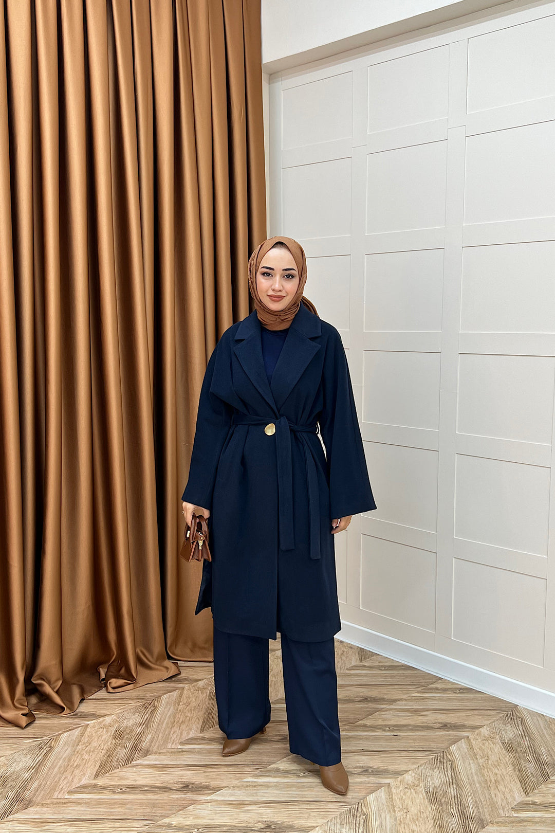 Yıldız Premium Kumaş Kuşaklı Kaban Lacivert 5515-LACIVERT