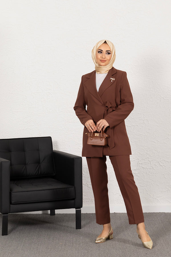 Ceketi Yandan Bağlamalı Pantolon Takım Kahve 2016-KAHVE
