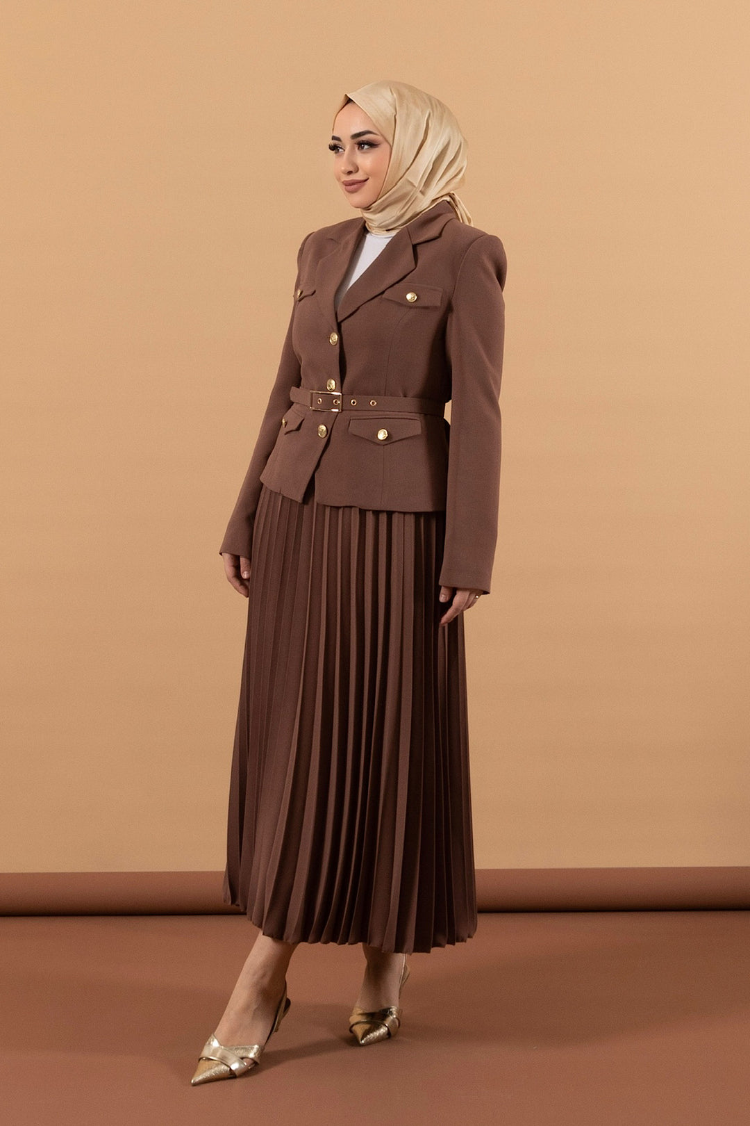 Eteği Piliseli Ceket Takım Kahverengi 2019-KAHVERENGI