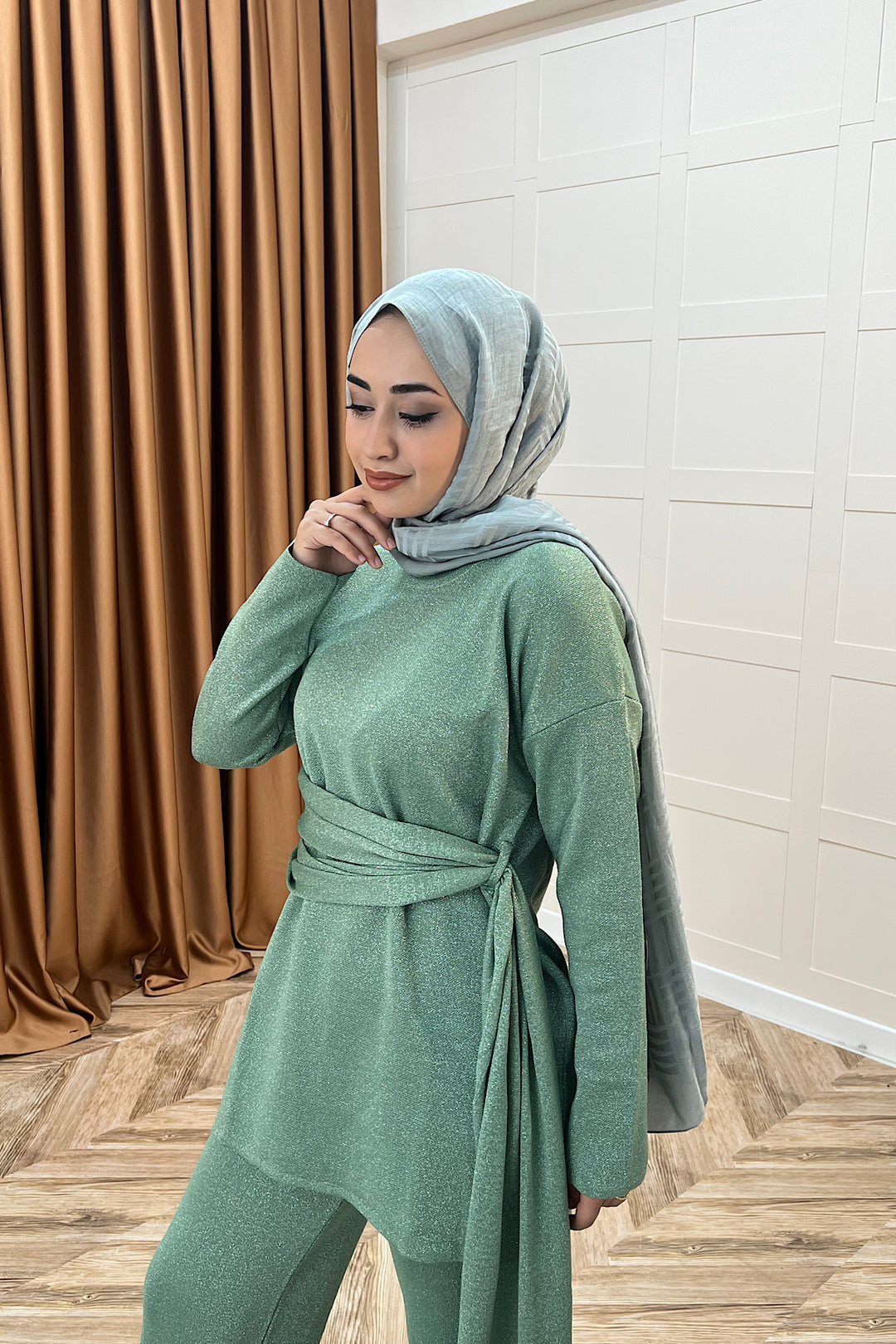 Yakamoz Şal Detay Simli Triko Takım Mint 25280-MINT