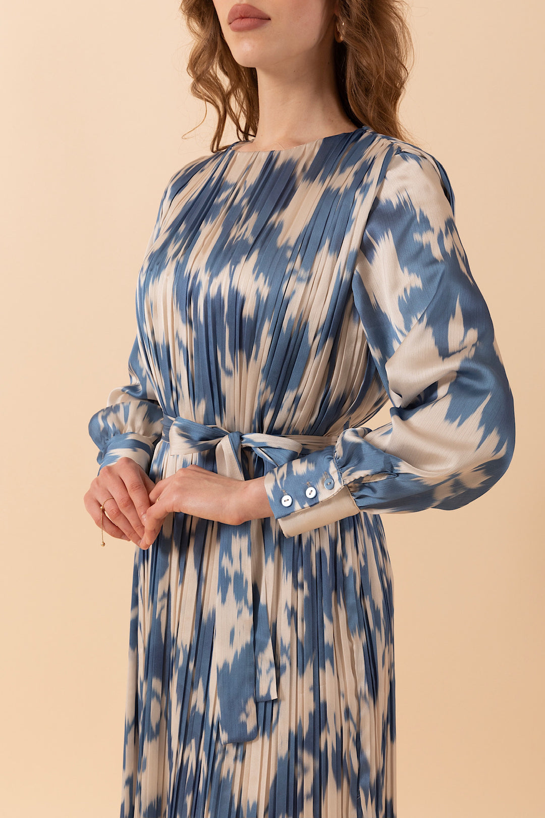 Bella Piliseli Saten Elbise Mavi 3038-MAVI