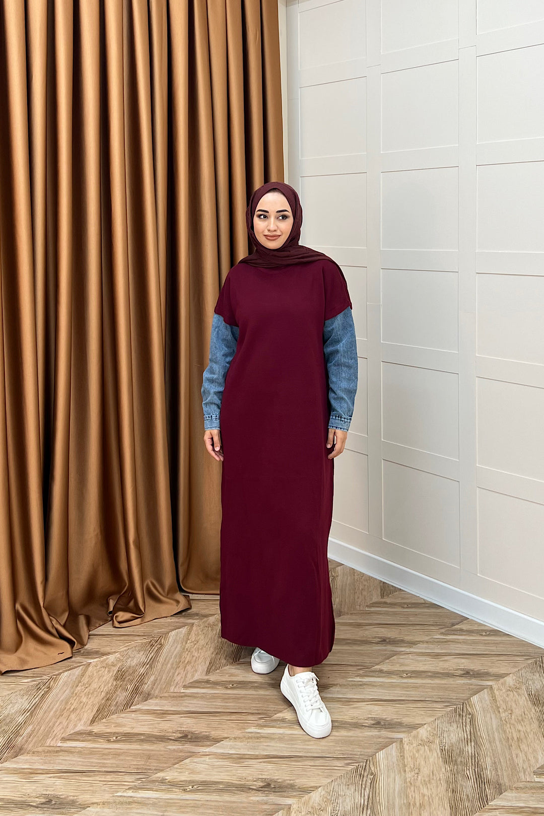 Kolları Kot Detay Triko Elbise Bordo 241200-BORDO