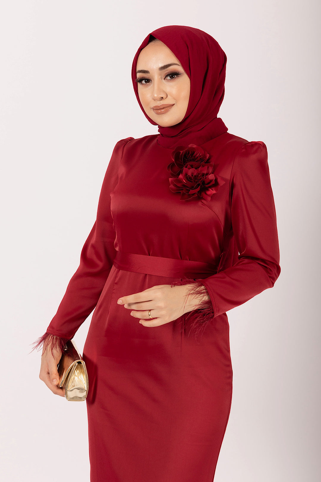 Broş Detay Saten Abiye Bordo 4892-BORDO