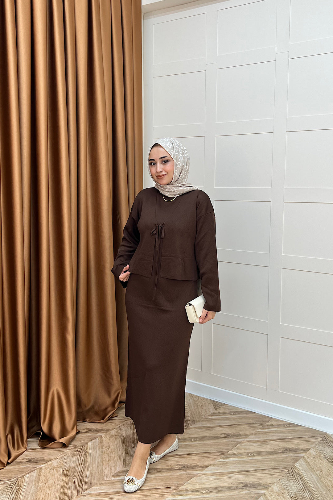 Ester Croplu İkili Triko Elbise Kahverengi 25160-KAHVERENGI