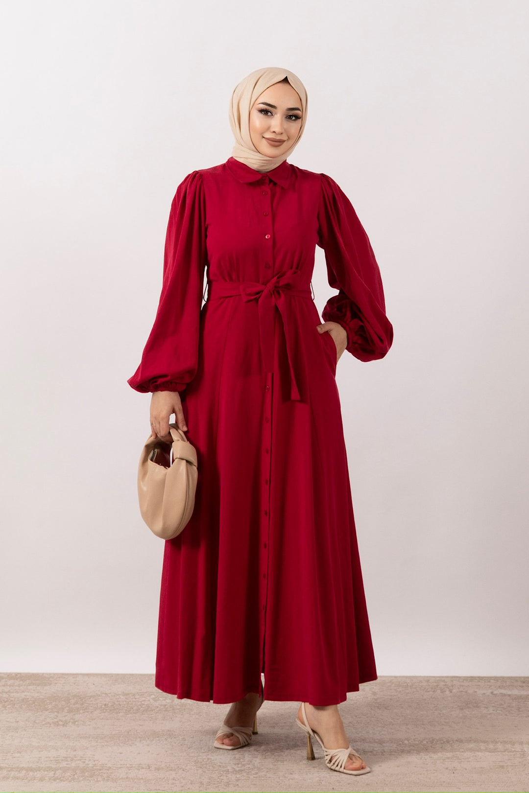 Boydan Düğmeli Keten Elbise Kırmızı 3045-KIRMIZI