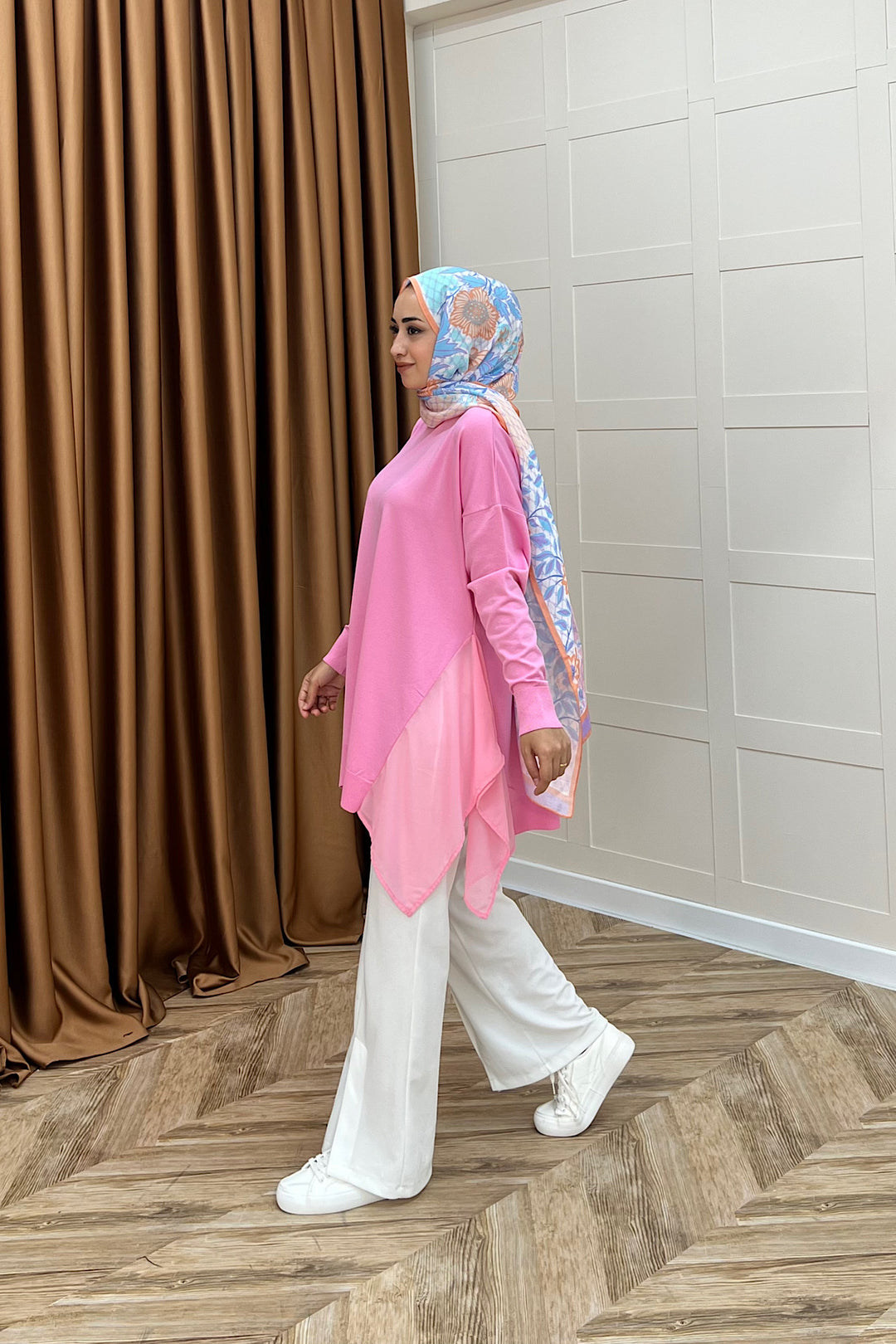 Hüda Şifon Detaylı Triko Tunik Pembe 24290-PEMBE