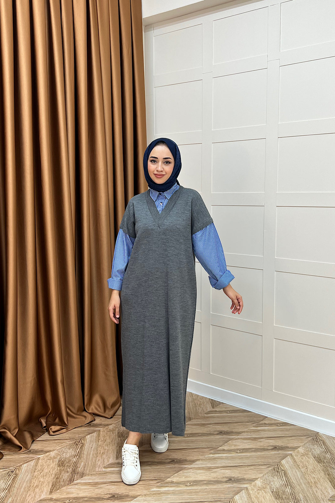 Samira Gömlek Detaylı Triko Elbise Gri 241110-GRI