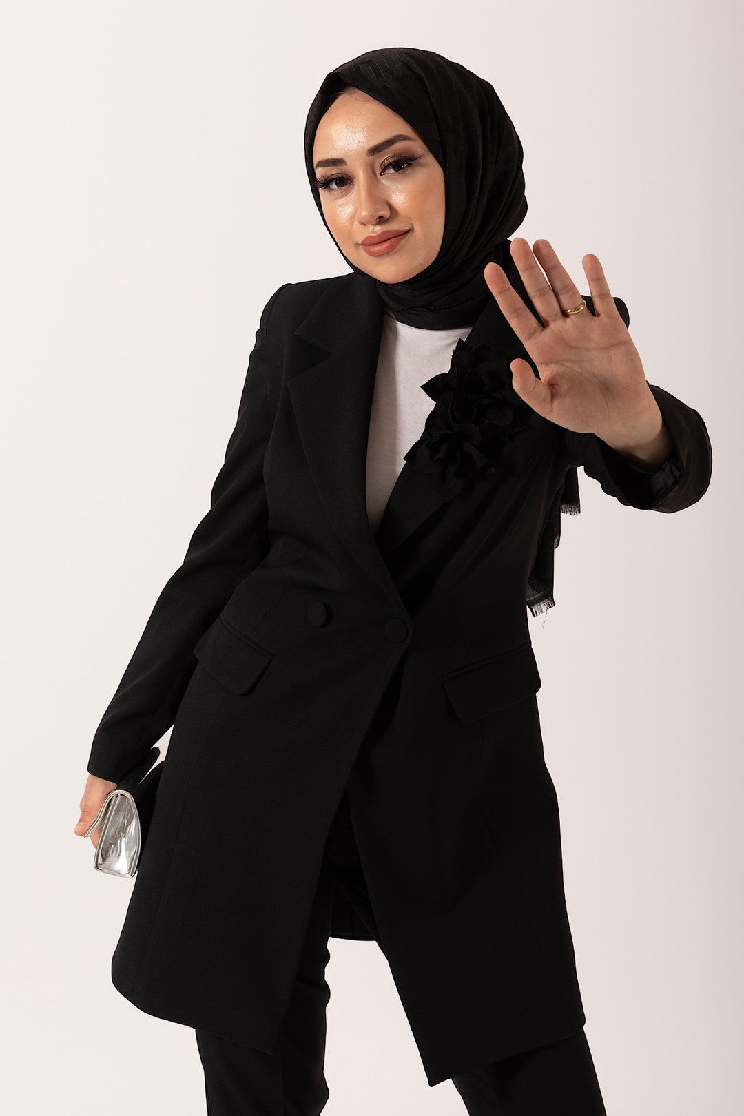 Çiçek Broşlu Ceket Takım Siyah 6150-SIYAH