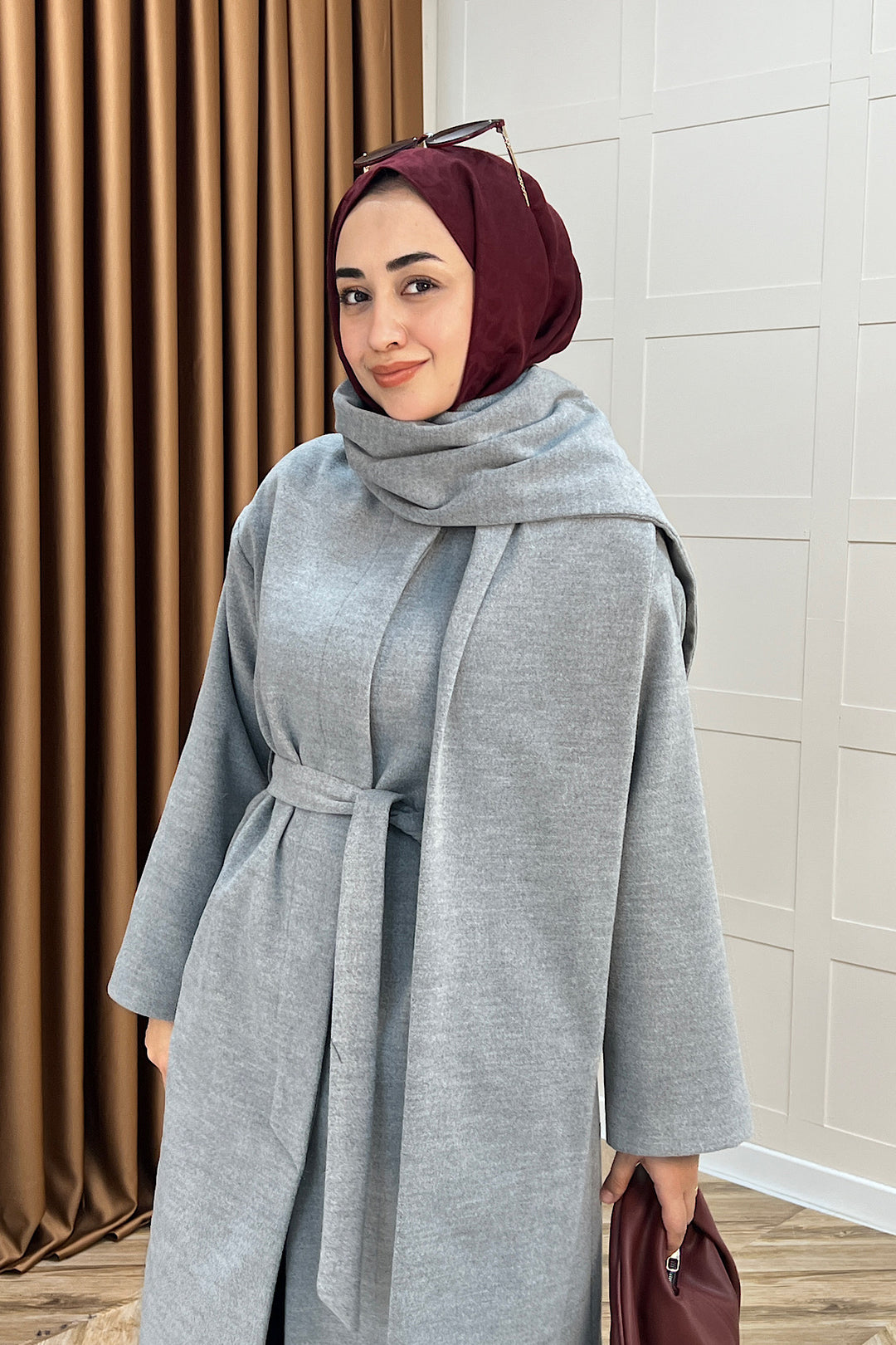 Siena Atkı Detay Kaşe Kaban Gri 5530-GRI