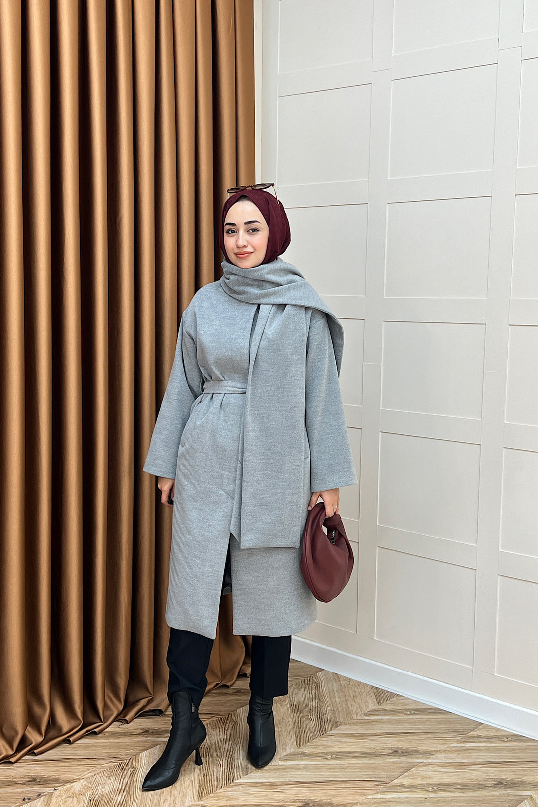 Siena Atkı Detay Kaşe Kaban Gri 5530-GRI