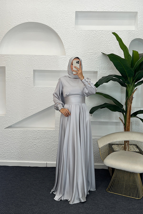 Beli Piliseli Saten Abiye Gri 04340-GRI