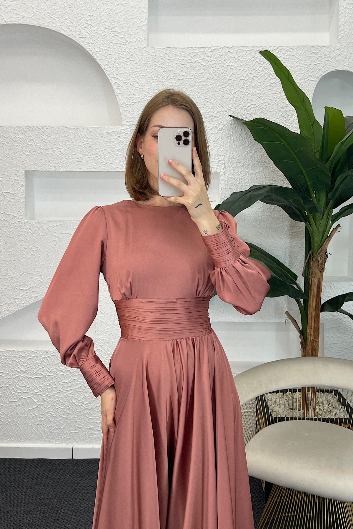 Beli Piliseli Saten Abiye Pudra 04340-PUDRA