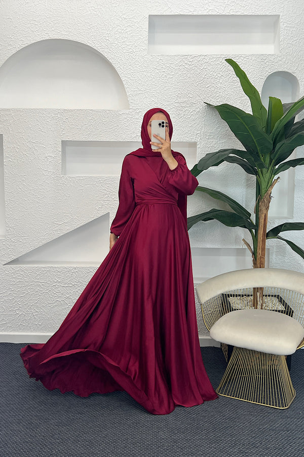 Önü Çarpraz Saten Abiye Bordo 4529-BORDO