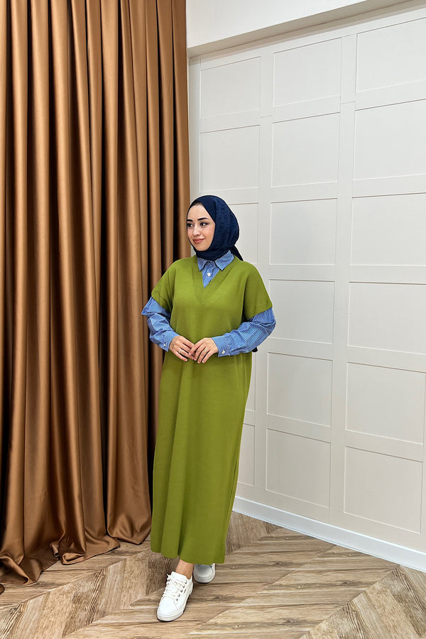 Samira Gömlek Detaylı Triko Elbise Yağ Yeşili 241110-YAGYESILI